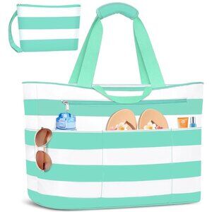 Women's Green White Waterproof Sandproof Xl Tote Zipper Foldable Beach Bags